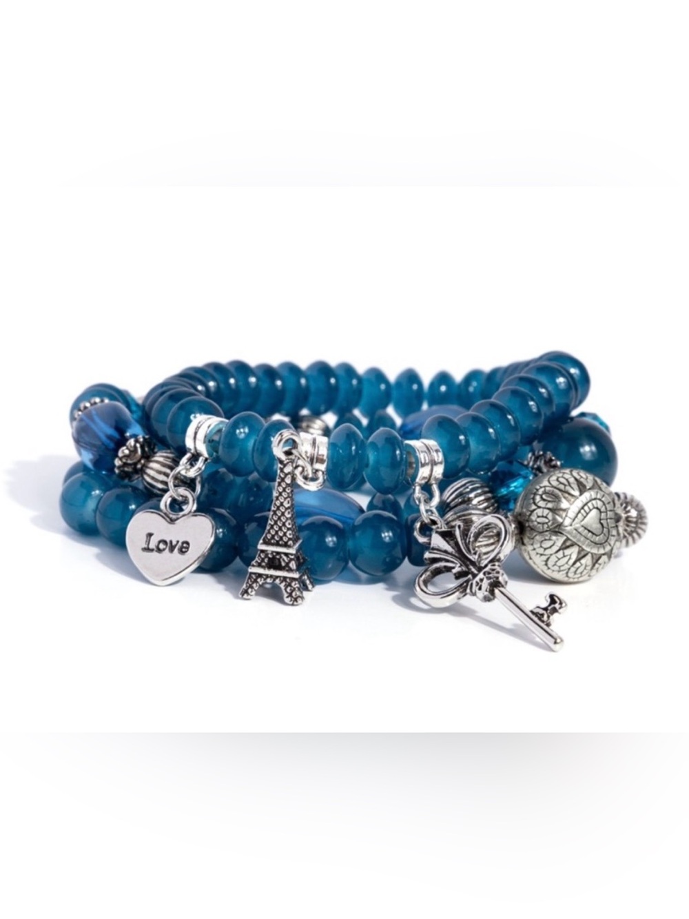 B-11 French Chic Blue/Teal Beaded Charm Bracelet Set with Silver Accents